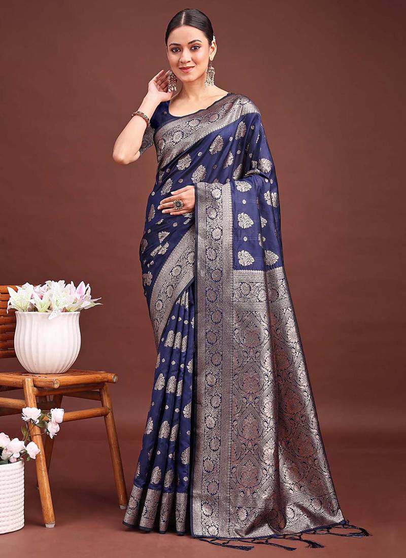 Navy blue banarasi silk blend saree with silver zari buta work
