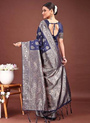 Navy blue banarasi silk blend saree with silver zari buta work 2