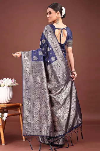 Navy blue banarasi silk blend saree with silver zari buta work