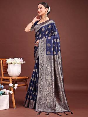 Navy blue banarasi silk blend saree with silver zari buta work 3