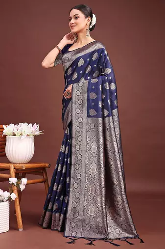 Navy blue banarasi silk blend saree with silver zari buta work