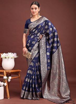 Navy blue banarasi silk blend saree with silver zari buta work 4