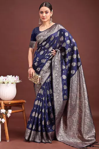 Navy blue banarasi silk blend saree with silver zari buta work