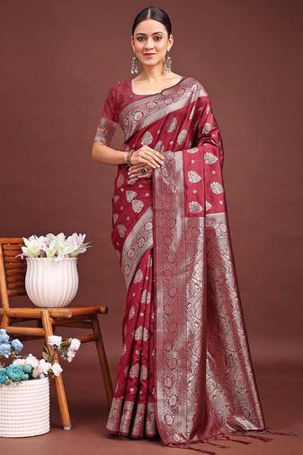 Maroon banarasi silk blend saree with silver zari buta work