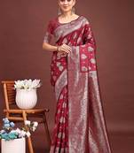 Maroon banarasi silk blend saree with silver zari buta work