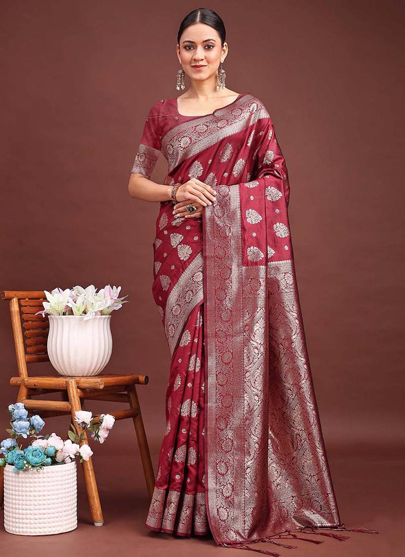 Maroon banarasi silk blend saree with silver zari buta work