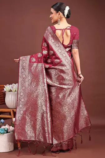 Maroon banarasi silk blend saree with silver zari buta work
