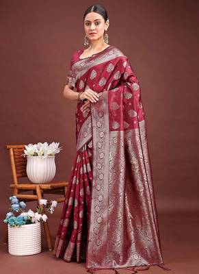 Maroon banarasi silk blend saree with silver zari buta work 3