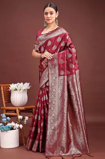 Maroon banarasi silk blend saree with silver zari buta work