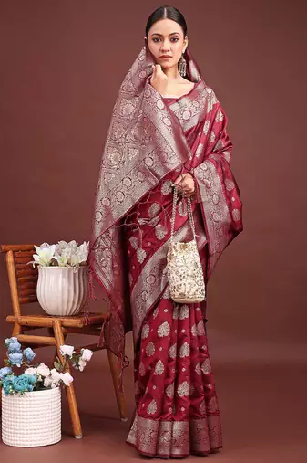Maroon banarasi silk blend saree with silver zari buta work