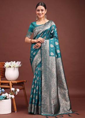 Sea green banarasi silk blend saree with silver zari buta work 1