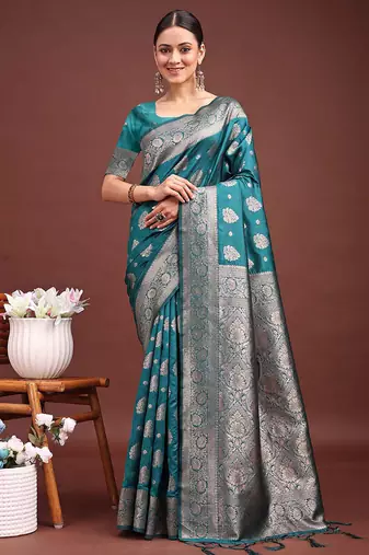 Sea green banarasi silk blend saree with silver zari buta work