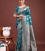 Sea green banarasi silk blend saree with silver zari buta work