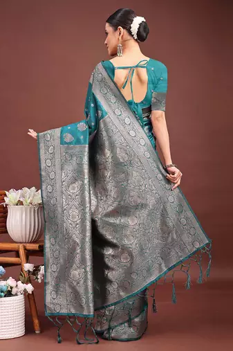 Sea green banarasi silk blend saree with silver zari buta work
