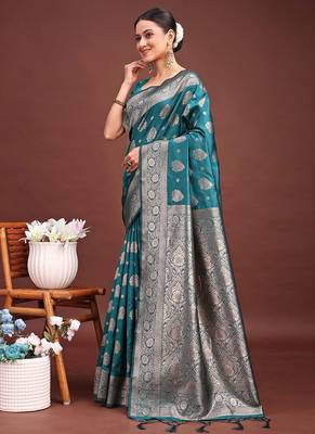 Sea green banarasi silk blend saree with silver zari buta work 3