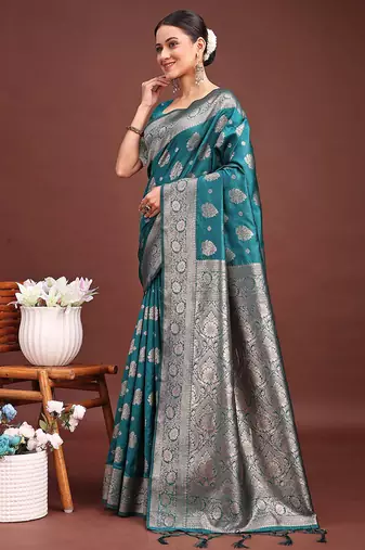 Sea green banarasi silk blend saree with silver zari buta work