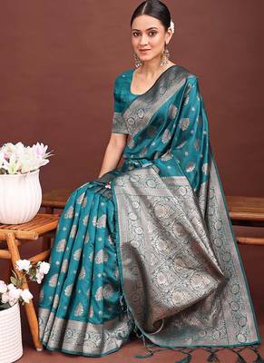 Sea green banarasi silk blend saree with silver zari buta work 4
