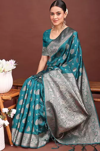Sea green banarasi silk blend saree with silver zari buta work