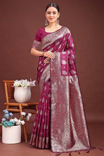 Wine banarasi silk blend saree with silver zari buta work