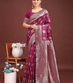 Wine banarasi silk blend saree with silver zari buta work
