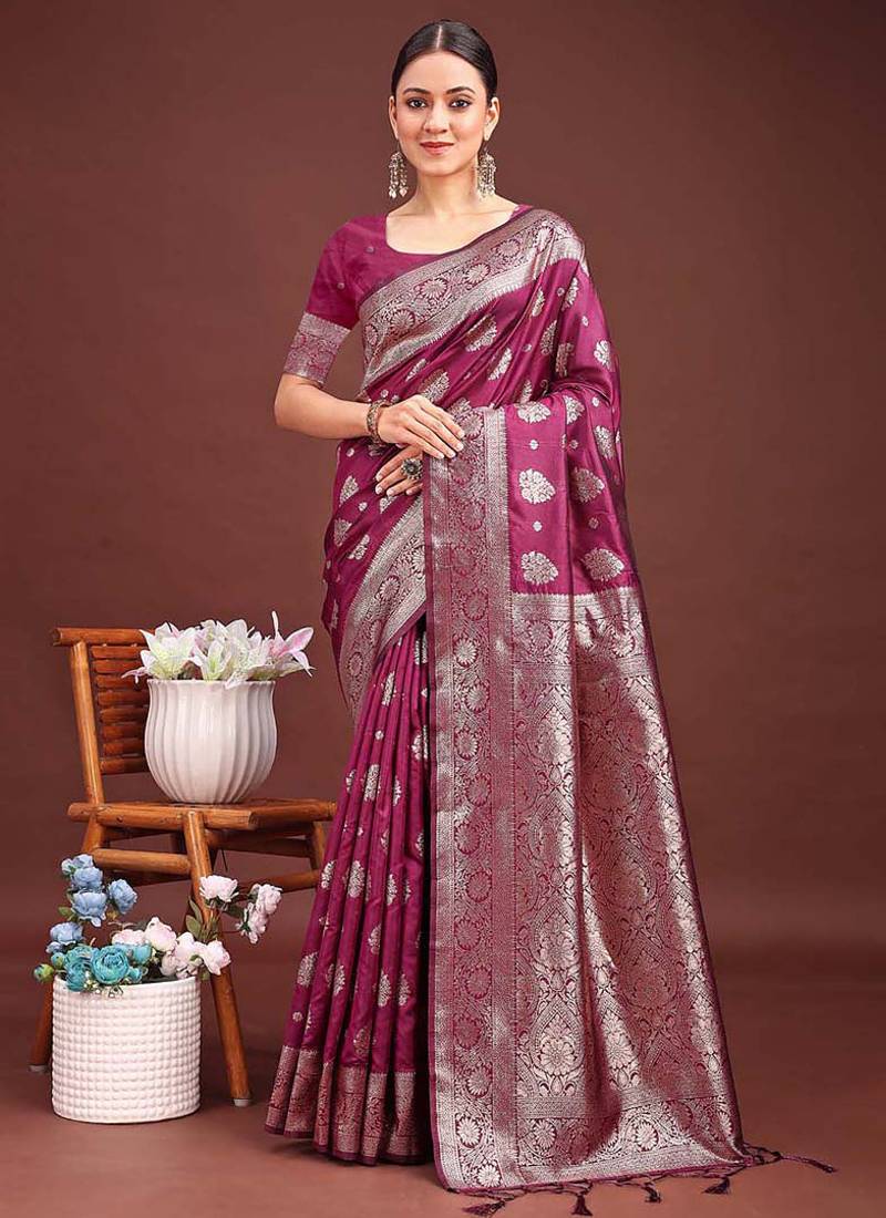 Wine banarasi silk blend saree with silver zari buta work
