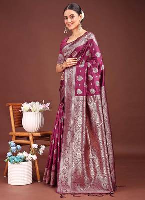 Wine banarasi silk blend saree with silver zari buta work 2