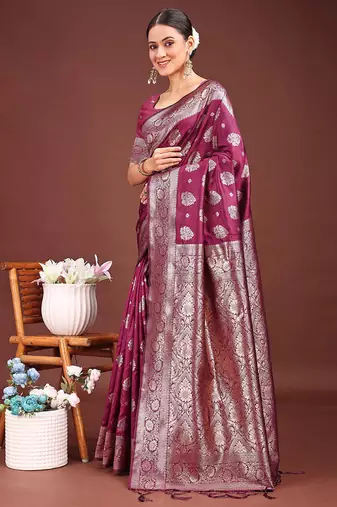 Wine banarasi silk blend saree with silver zari buta work