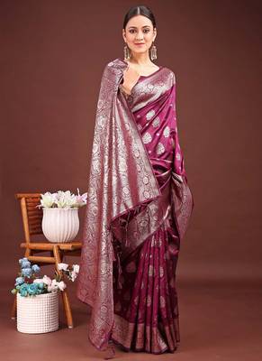 Wine banarasi silk blend saree with silver zari buta work 3
