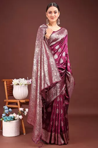 Wine banarasi silk blend saree with silver zari buta work