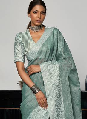 Sea green linen blend saree with zari border 2