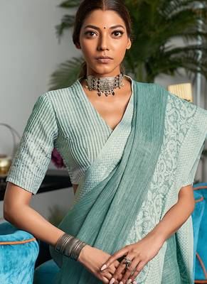Sea green linen blend saree with zari border 3