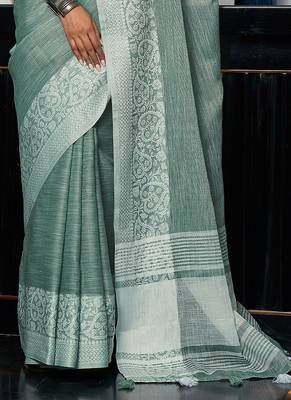 Sea green linen blend saree with zari border 4