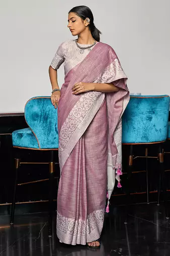 Mauve linen blend saree with zari border