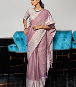 Mauve linen blend saree with zari border