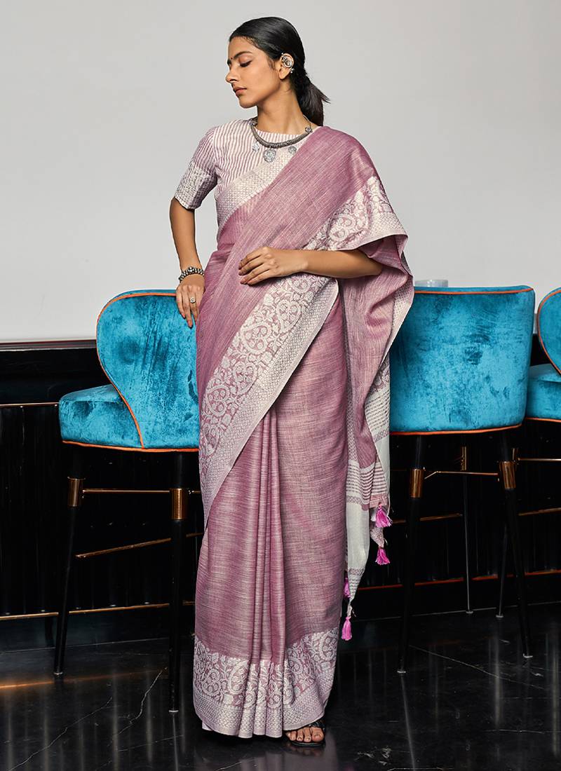 Mauve linen blend saree with zari border