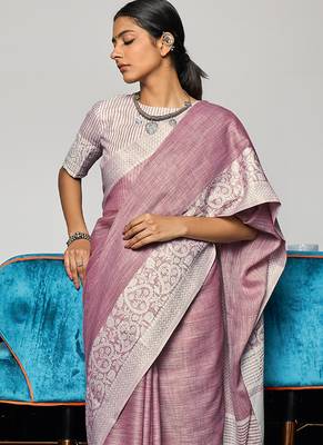 Mauve linen blend saree with zari border 2