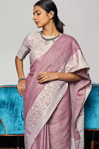 Mauve linen blend saree with zari border