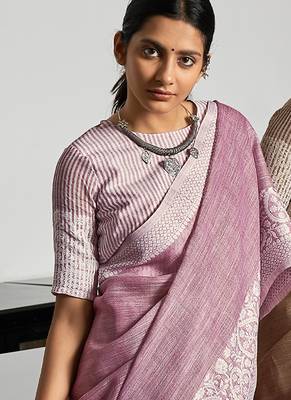 Mauve linen blend saree with zari border 3