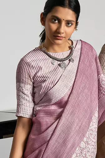 Mauve linen blend saree with zari border