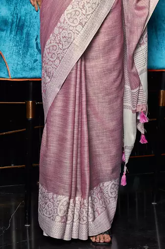Mauve linen blend saree with zari border
