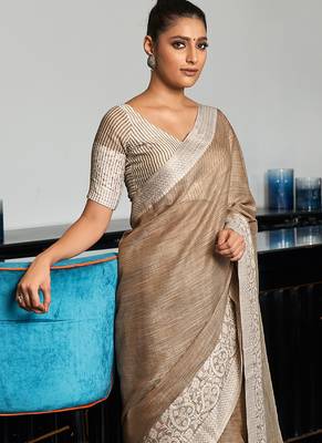 Beige linen blend saree with zari border 2