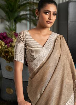 Beige linen blend saree with zari border 3