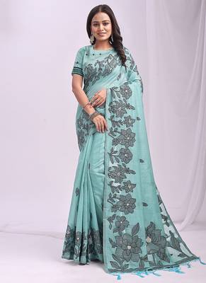 sea green cotton blend floral printed saree 1