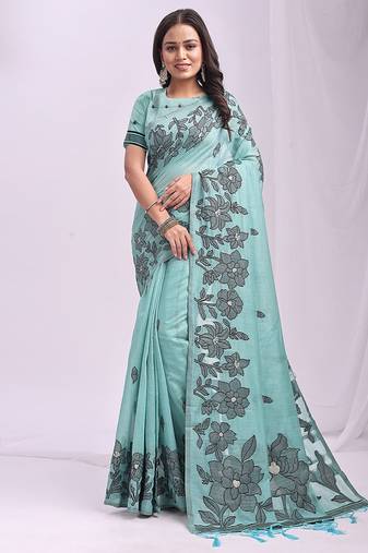 sea green cotton blend floral printed saree