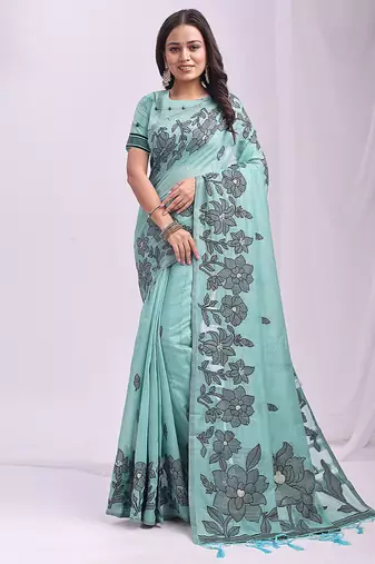sea green cotton blend floral printed saree