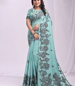 sea green cotton blend floral printed saree