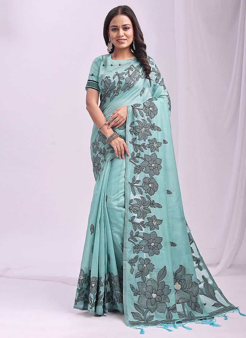 sea green cotton blend floral printed saree