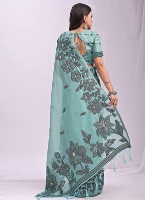sea green cotton blend floral printed saree 2