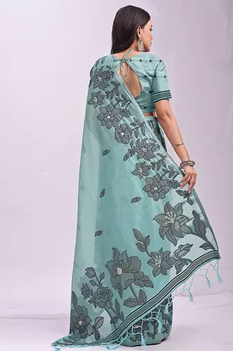 sea green cotton blend floral printed saree