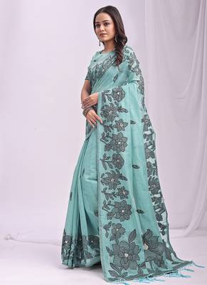 sea green cotton blend floral printed saree 3